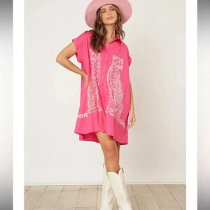 Peach love hot pink Sequin Cheetahs oversized short sleeve Shirt Dress sz small
